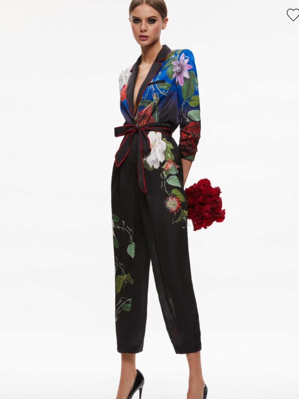 Alice + Olivia Louetta Black Floral Jumpsuit with Blue Accents - Picture 3 of 16
